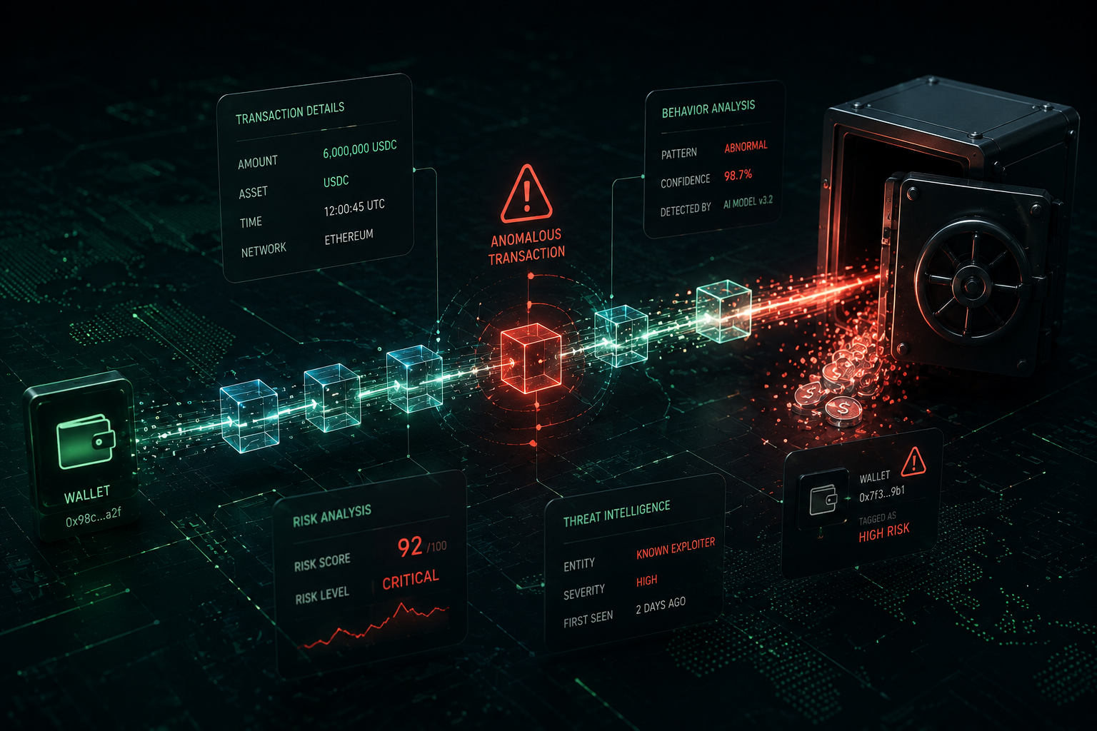 A threat detection dashboard flagging a 6,000,000 USDC transfer on Ethereum as anomalous, scored critical, as a vault is drained